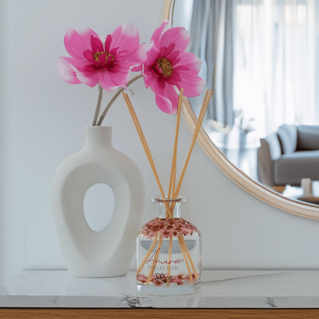 lychee guava scented reed diffuser with flowers styled at home