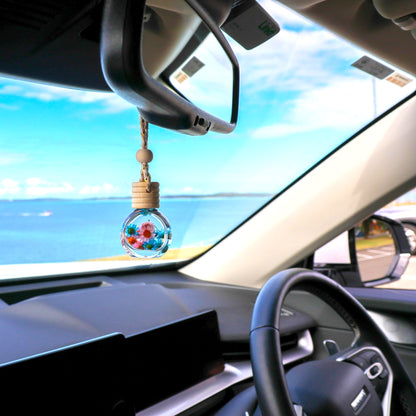 Car interior with a decorative hanging ornament near the rearview mirror, overlooking a scenic view.