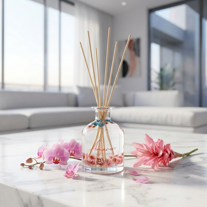 Reed diffuser with pink flowers on a marble surface in a modern living room.