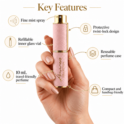 A hand holds a pink and gold refillable perfume case against a white background, surrounded by callout graphics highlighting key features such as fine mist spray, protective twist-lock design, refillable inner glass vial, reusable perfume case, 10 mL travel-friendly size, and compact handbag-friendly design.