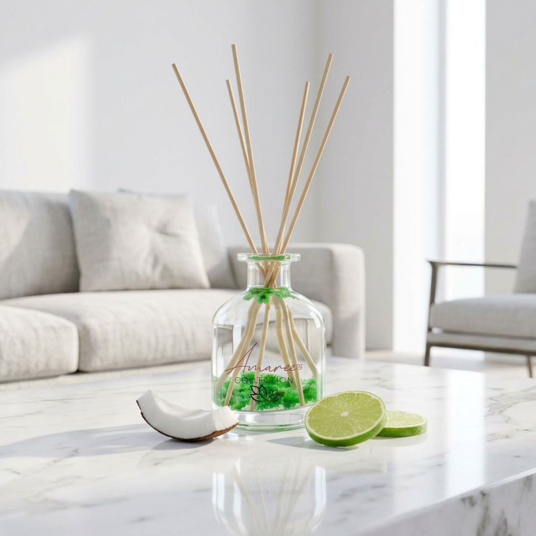 Diffuser with reeds and coconut slices on a marble table in a modern living room.