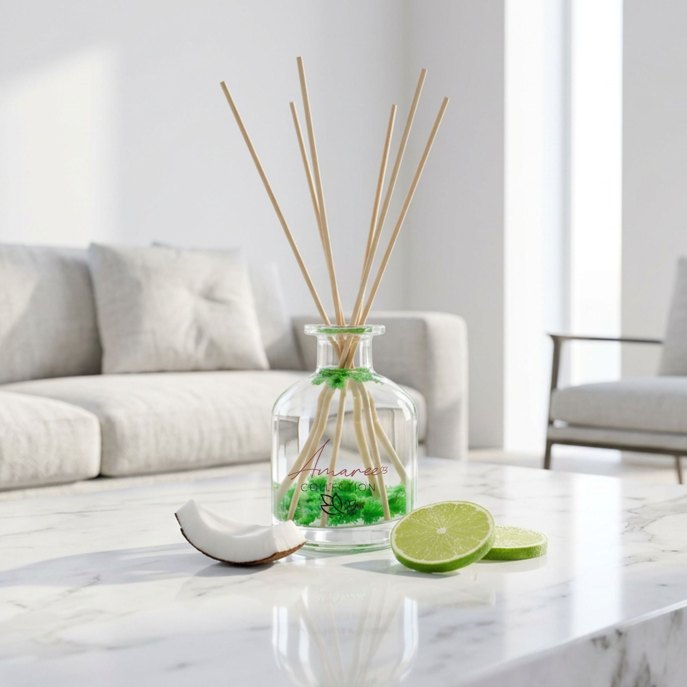 Diffuser with reeds and coconut slices on a marble table in a modern living room.