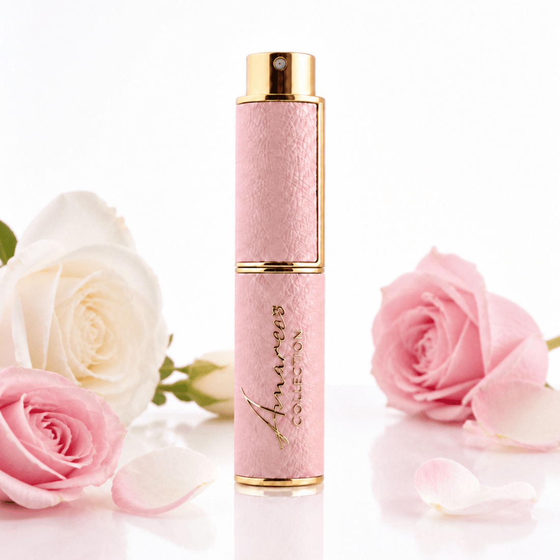 A pink textured cosmetic tube with gold trim and the brand name &