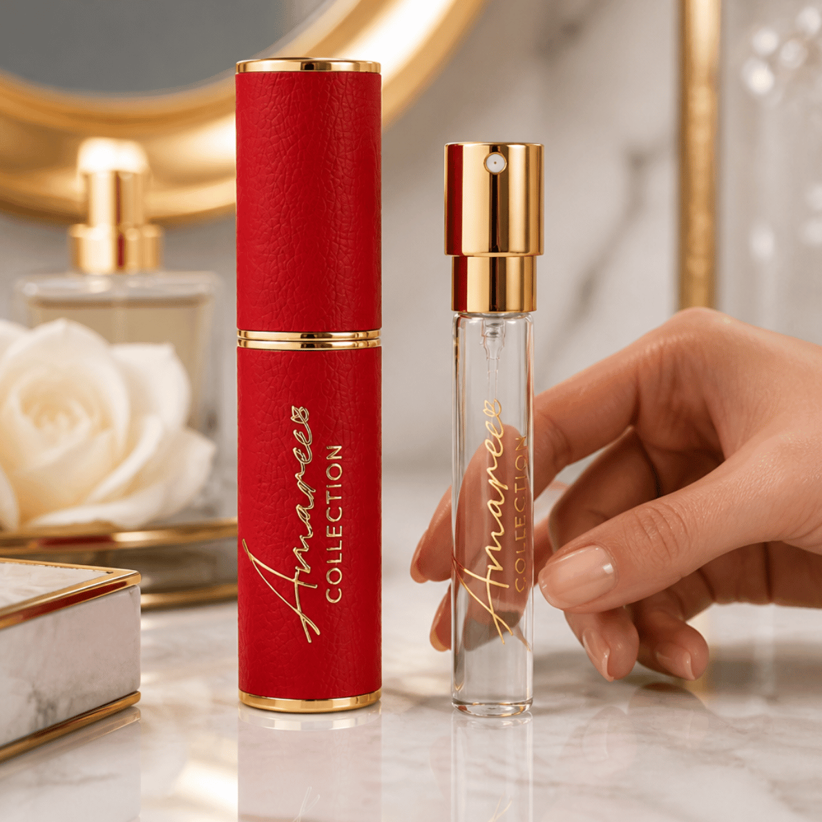 A hand holds a clear glass perfume atomizer bottle next to its red and gold cylindrical case on a marble surface. The branding &