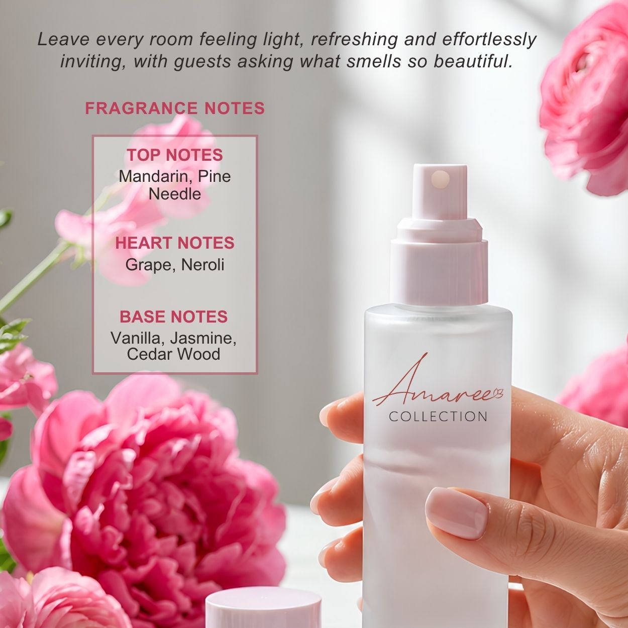 A hand holds a frosted glass perfume spray bottle with a pale pink pump from the Amaree Collection, surrounded by pink flowers and a fragrance notes graphic on a bright white background.