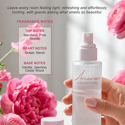 A hand holds a frosted glass perfume spray bottle with a pale pink pump from the Amaree Collection, surrounded by pink flowers and a fragrance notes graphic on a bright white background.