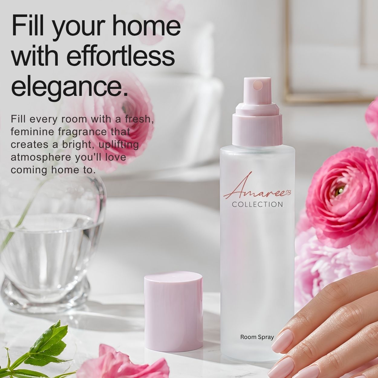 A frosted room spray bottle with a pale pink cap and matching pink text reading &