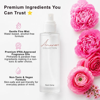 A clear room spray bottle labeled &