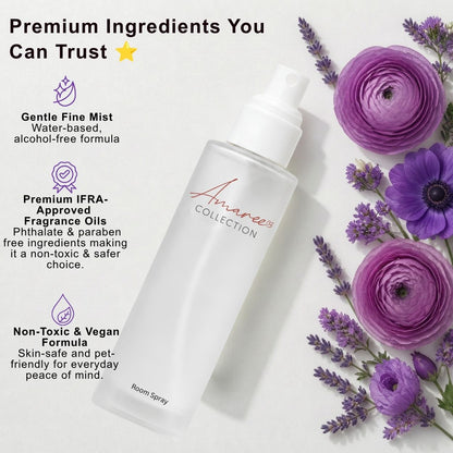 A frosted glass room spray bottle from the Amaree Collection, styled with purple flowers and lavender on a white background, accompanied by text detailing its premium ingredients.
