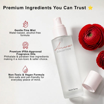 A frosted glass room spray bottle with a white cap removed and placed beside it, shown on a light background with marketing text and red flowers. The bottle reads &