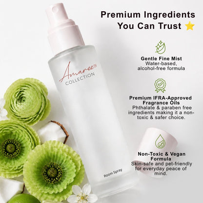 A frosted glass room spray bottle from Amaree Collection with a white pump, displayed alongside green flowers and text highlighting its premium ingredients and benefits.