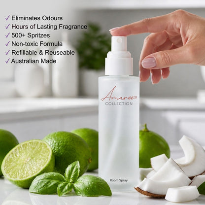 A frosted glass room spray bottle labeled &