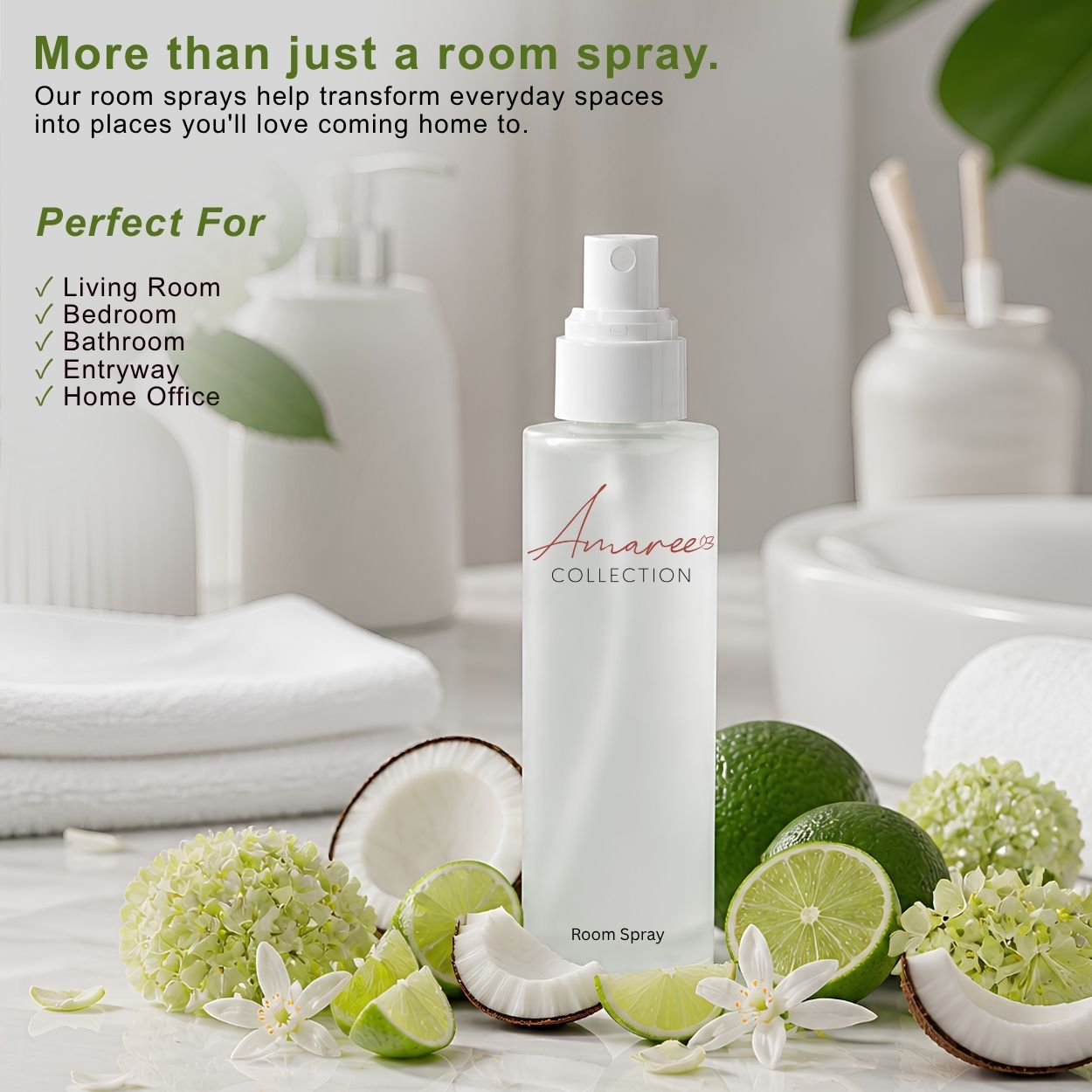 A frosted glass room spray bottle labeled &