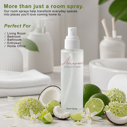 A frosted glass room spray bottle labeled &