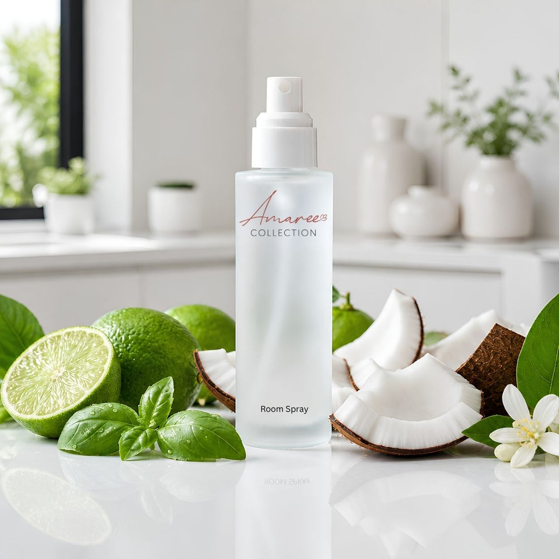 A frosted glass room spray bottle with a white pump dispenser, labeled &