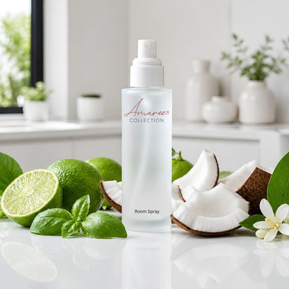 A frosted glass room spray bottle with a white pump dispenser, labeled &
