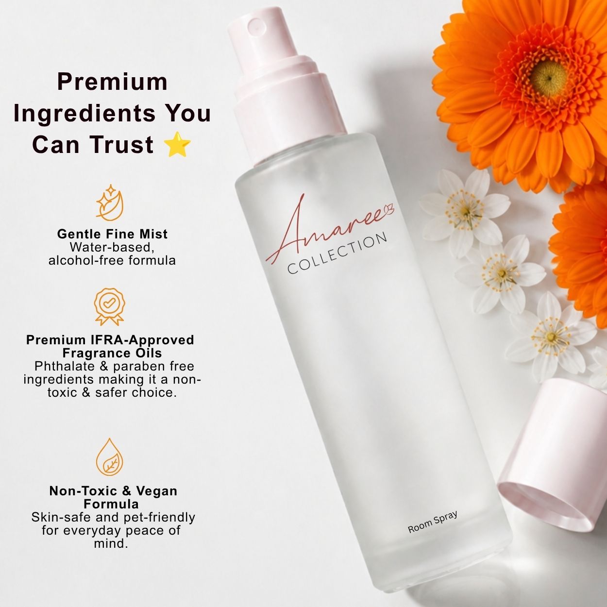 A frosted glass room spray bottle with a white pump dispenser, branded &