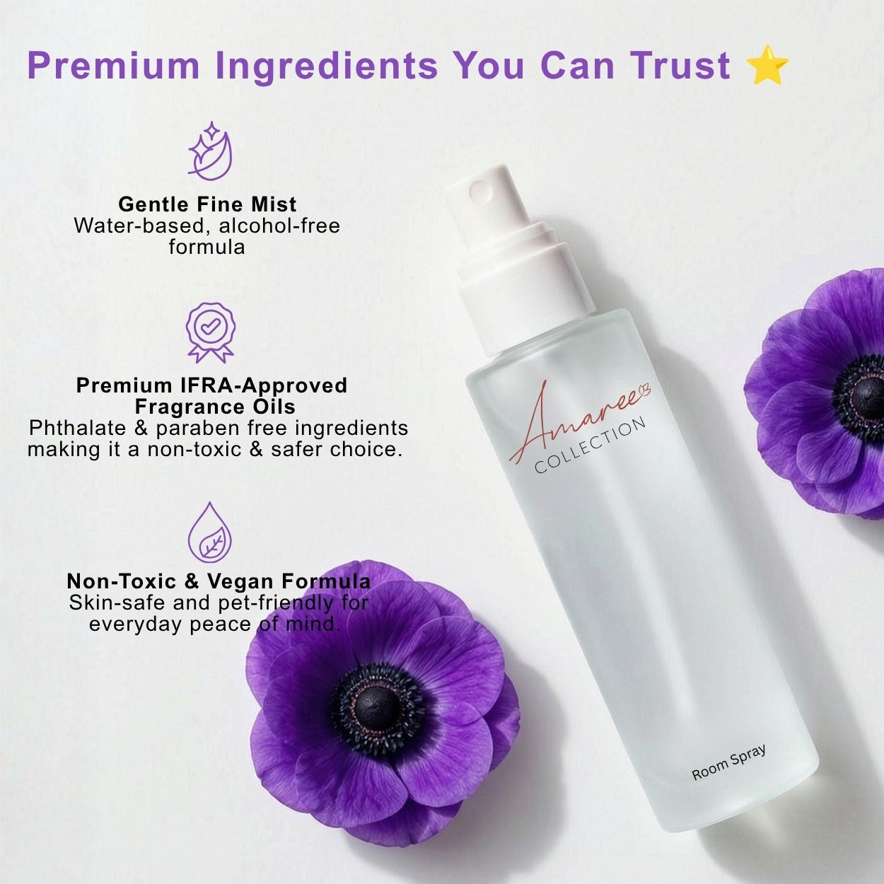 A frosted glass room spray bottle labeled &