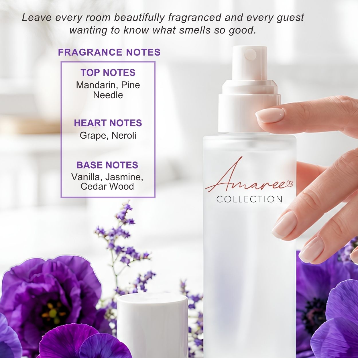 A hand holds a frosted glass perfume spray bottle labeled &