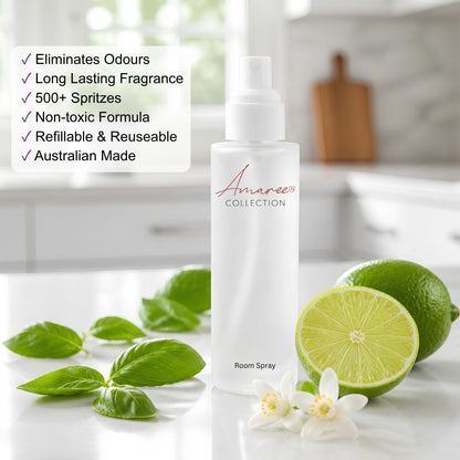 A white room spray bottle from the &