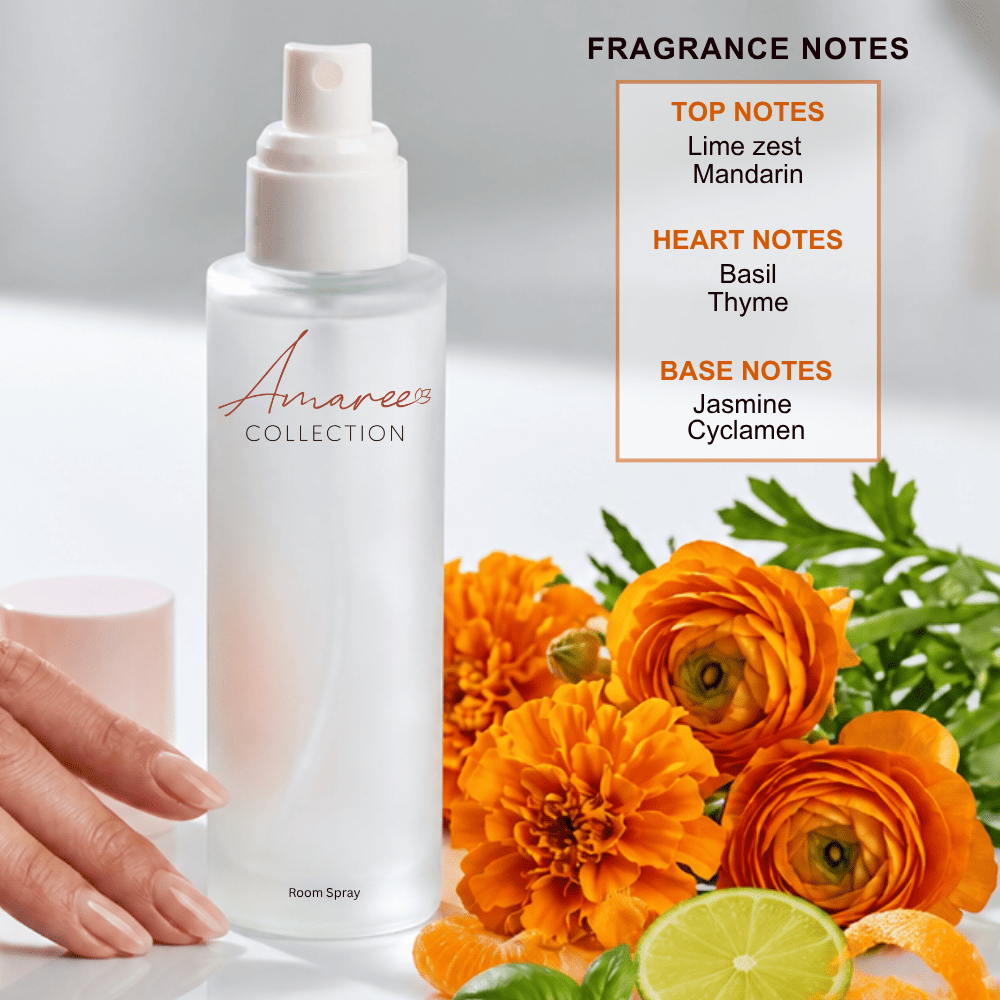 A frosted glass perfume spray bottle labeled &