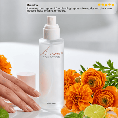 A frosted room spray bottle labeled &