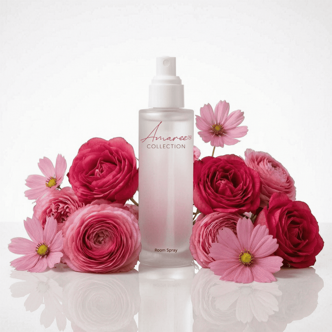 A frosted glass room spray bottle with a white pump, labeled &