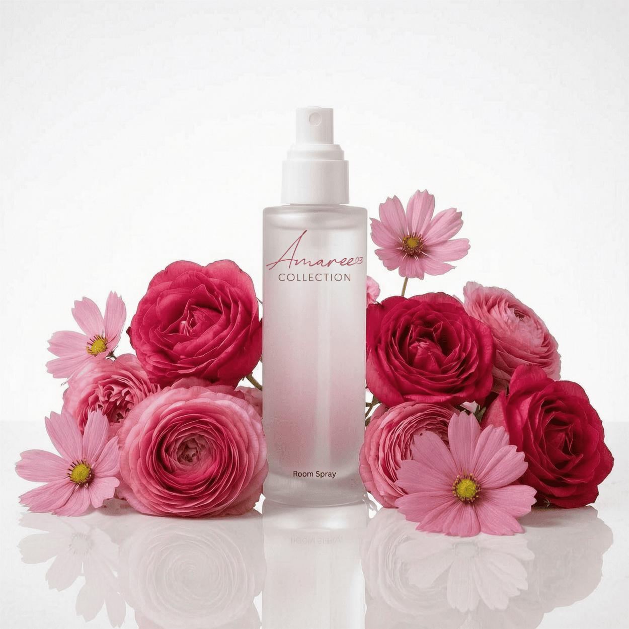 A frosted glass room spray bottle with a white pump, labeled &