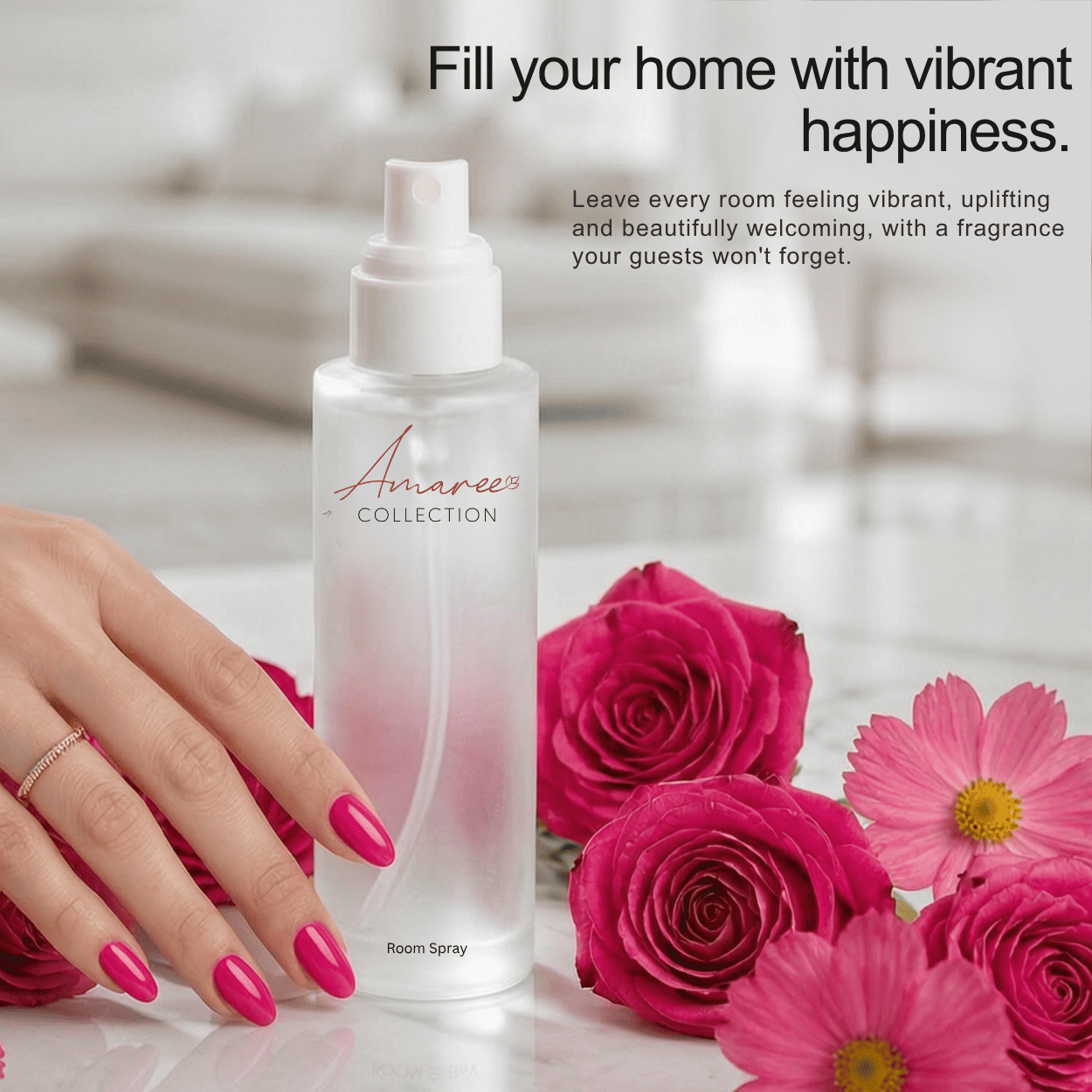 A frosted room spray bottle labeled &