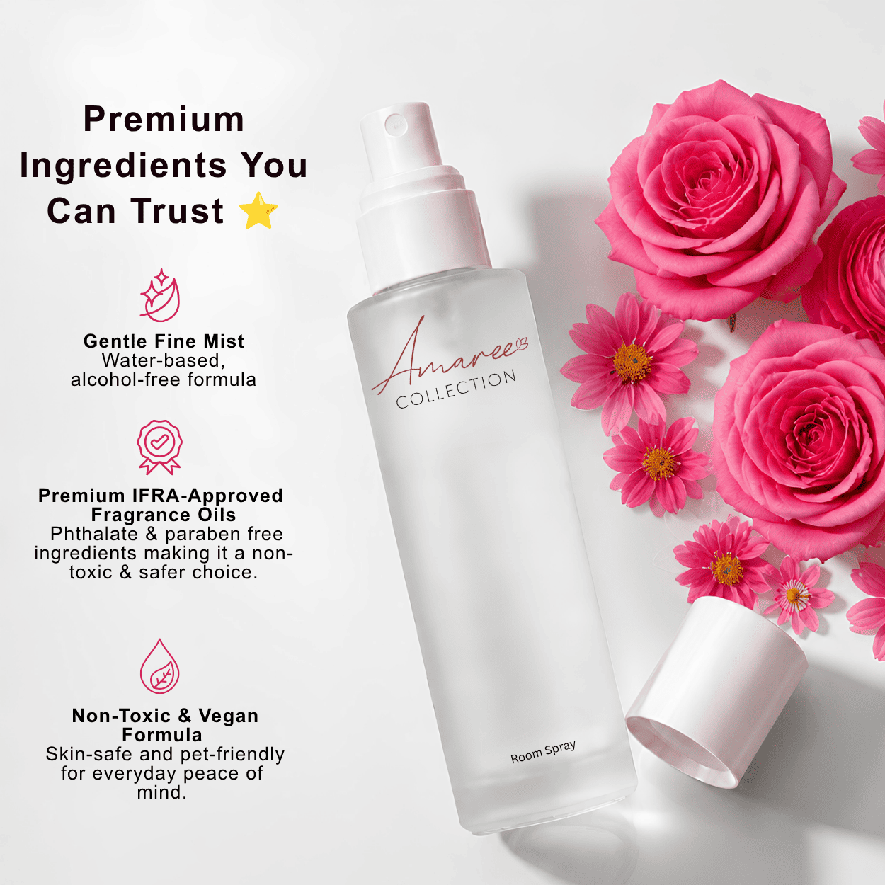 A bottle of Amaree Collection room spray with its cap off, styled with pink roses and daisies on a white background, accompanied by marketing text highlighting premium ingredients.