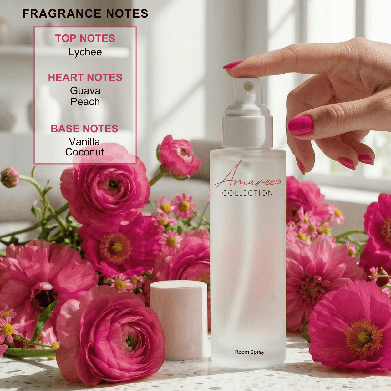 A frosted glass room spray bottle labeled &
