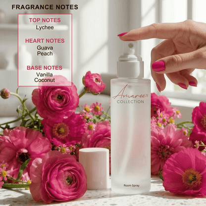 A frosted glass room spray bottle labeled &
