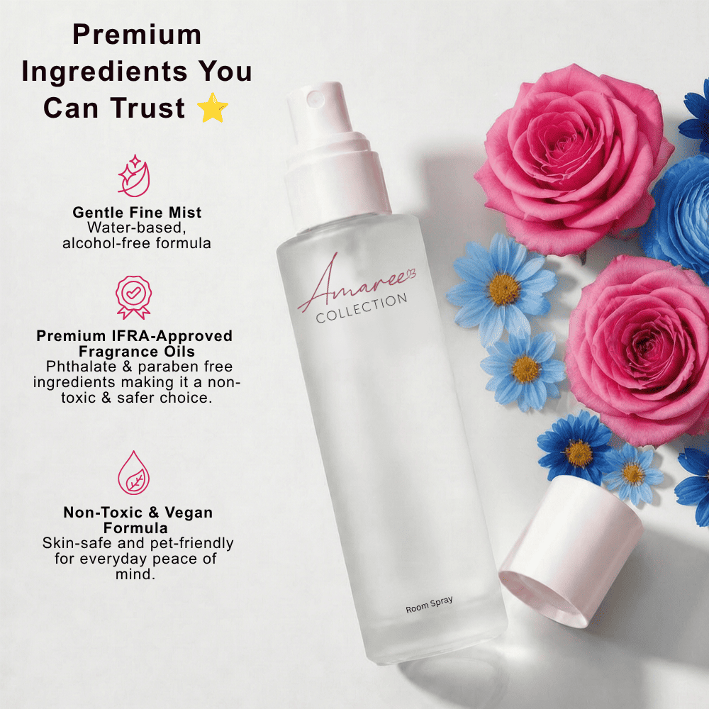 A clear bottle of Amaree Collection room spray with a white pump and detached white cap, styled on a white background with pink and blue flowers and marketing text about ingredients.