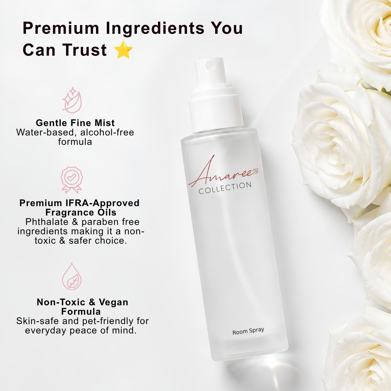 A frosted glass room spray bottle labeled &