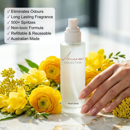 A frosted glass room spray bottle from the Amaree Collection, surrounded by yellow flowers and a hand, with a feature list overlay on the left.