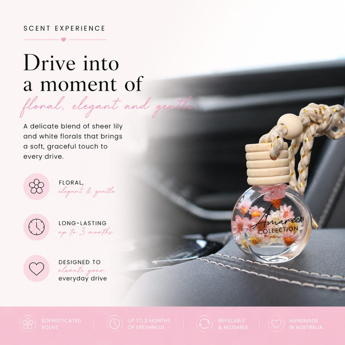 Car air freshener with floral design and text describing its features