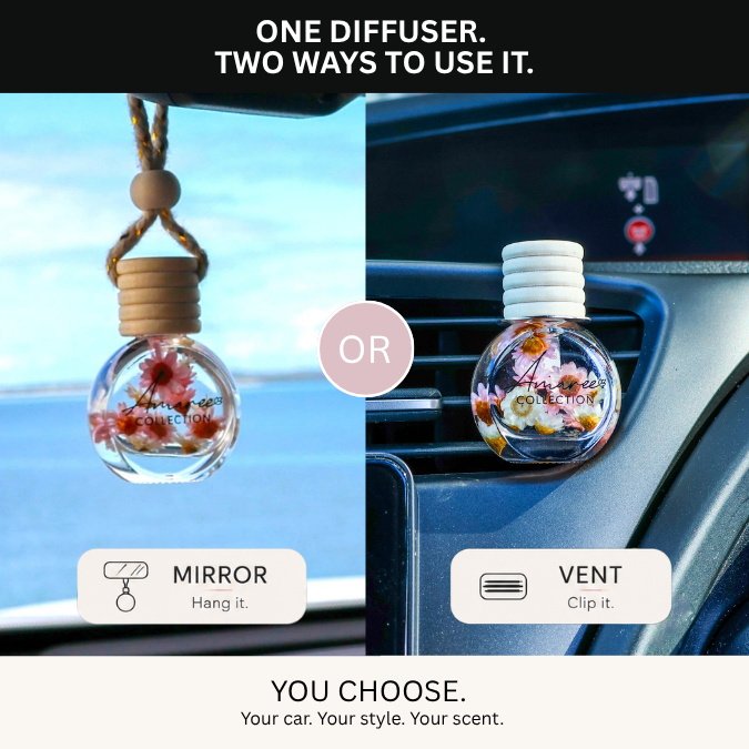 A promotional comparison graphic for a car air freshener diffuser. The left side shows the diffuser hanging from a mirror with a rope loop, labeled &
