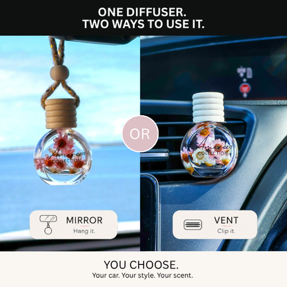 A promotional comparison graphic for a car air freshener diffuser. The left side shows the diffuser hanging from a mirror with a rope loop, labeled &