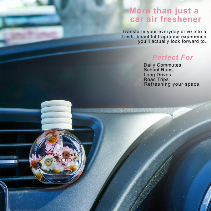 A round car air freshener bottle with a white ribbed cap resting on a car dashboard, filled with floral liquid and dried flowers. The image includes marketing text about transforming a drive into a fresh fragrance experience.